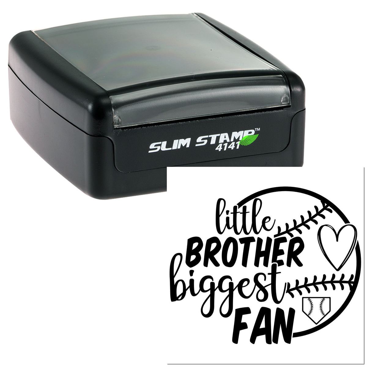 Black self-inking Slim Stamp 4141 and custom baseball seal reading little brother biggest fan in black