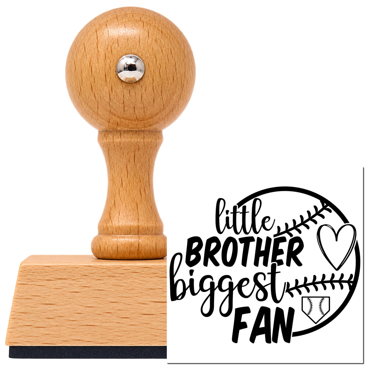Vintage Pro beech wood stamp with a round knob handle, shown with its black Little Brother Half Ball Fan imprint on white.