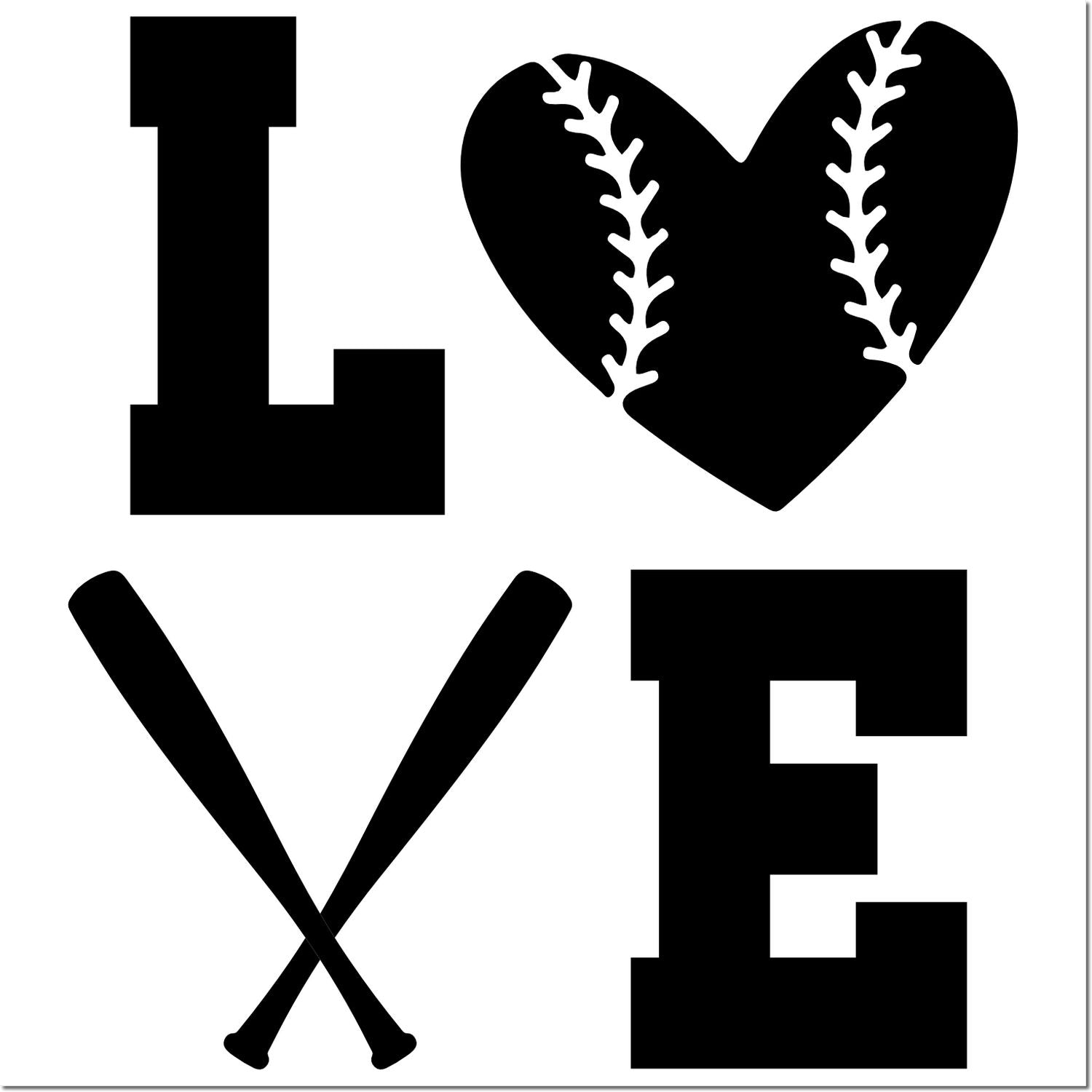 Black baseball stamp and seal design with I, heart-shaped baseball, crossed bats, and bold varsity letters on white.