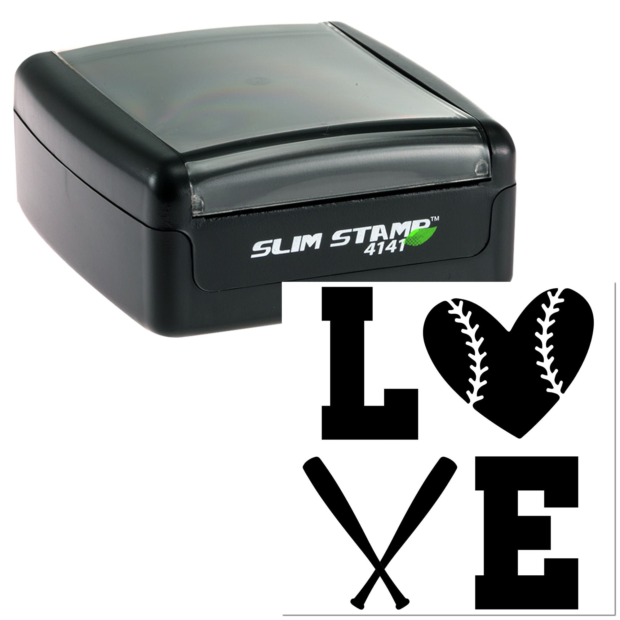 Black self-inking stamp and seal with gray cover, featuring a baseball-themed I ? VE design.
