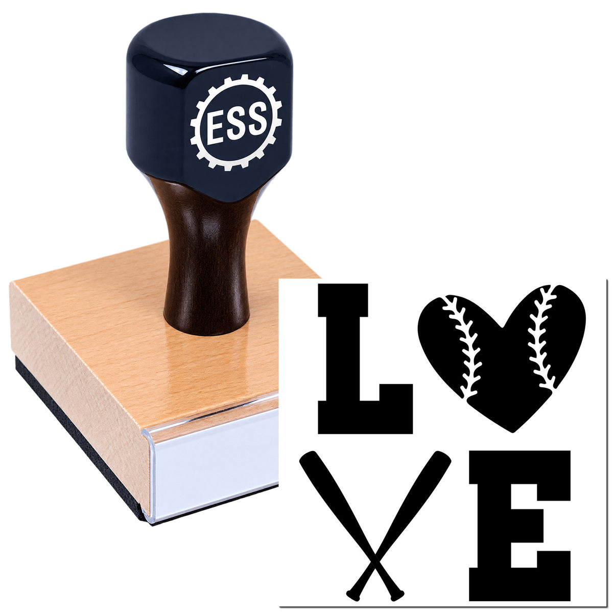 Dark navy custom rubber stamp on wooden block with baseball-themed letters, heart, and bat seal designs.