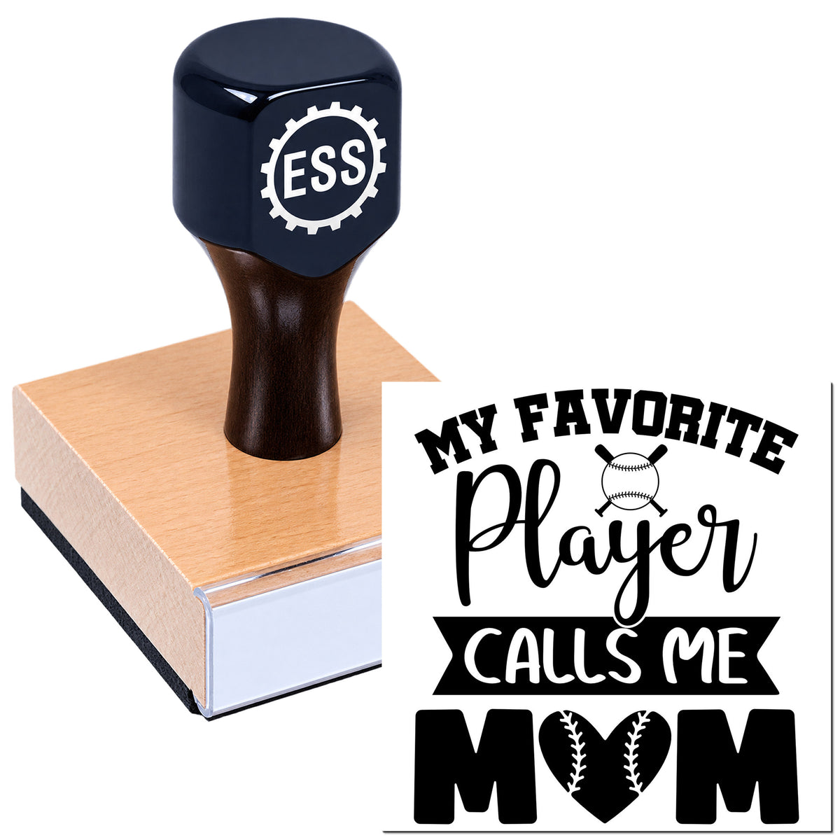Dark navy ESS stamp on a pink wood block beside a black-and-white baseball seal reading "My Favorite Player Calls Me Mom"