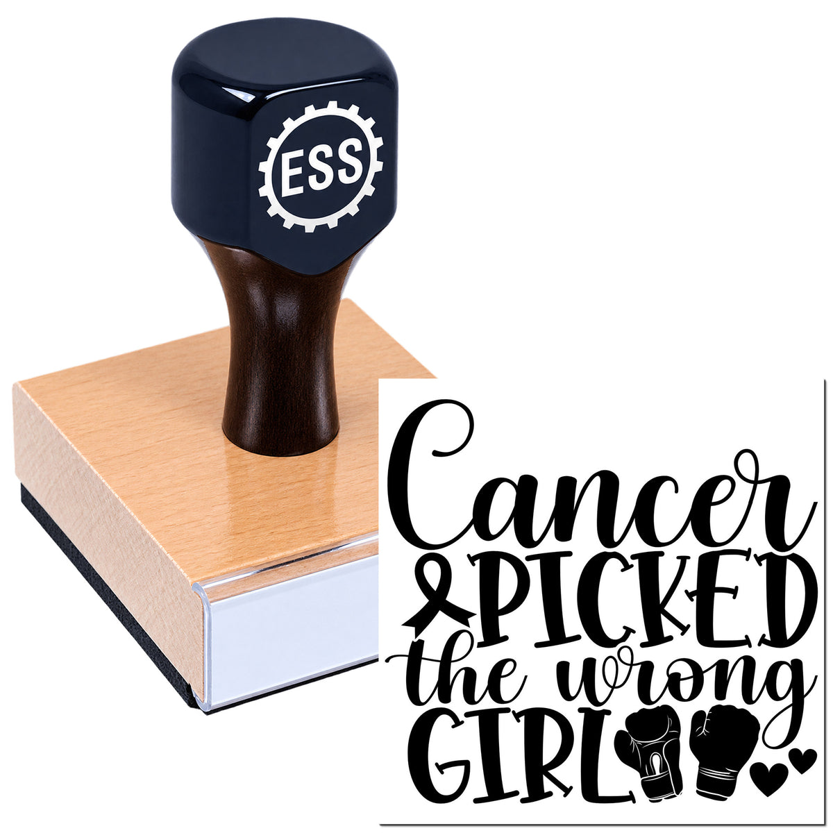 Dark blue ESS seal stamp on a wooden block beside "Cancer Sicked the Wrong Girl" design with gloves and hearts.