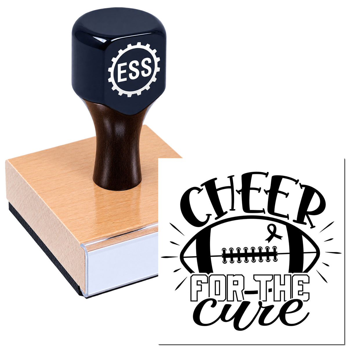 Black ESS rubber stamp on a pink box beside a Cheer for the Cure football ribbon seal design.