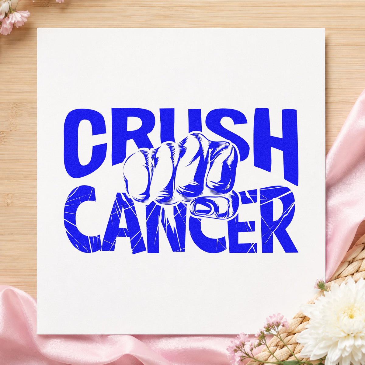 Crush Cancer Fist craft stamp in blue ink on cardstock, an easy option for kids' fight cards.