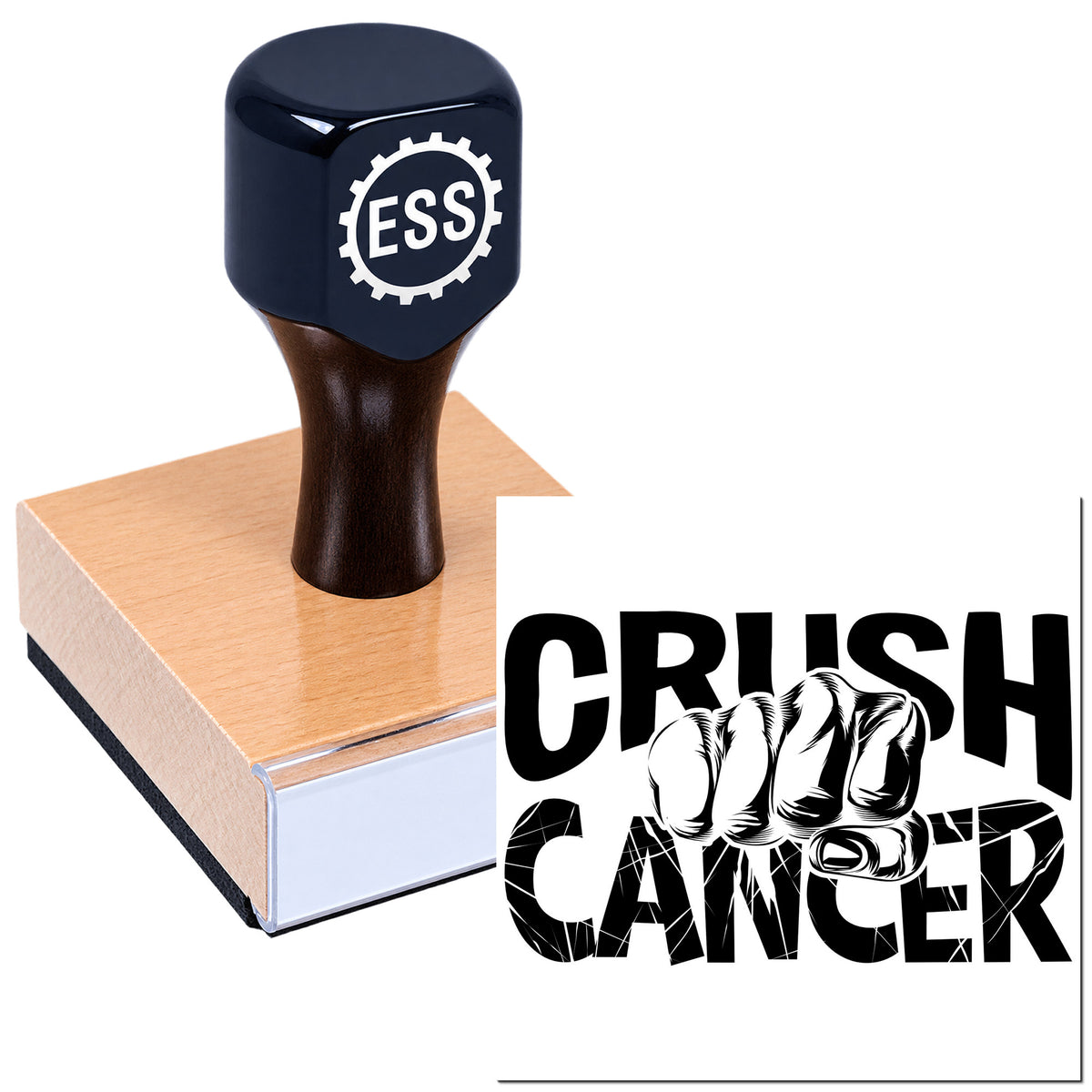 Black ESS rubber stamp on a wooden block beside a bold black "CRUSH CANCER" seal graphic.