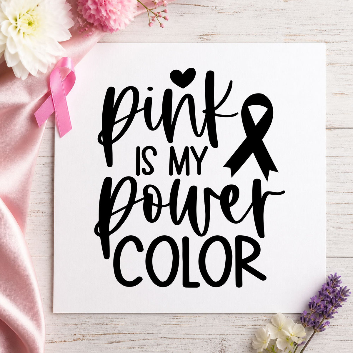 Pink Is My Power Color rubber stamp printed in black ink, ready for care package tags and similar paper crafts.