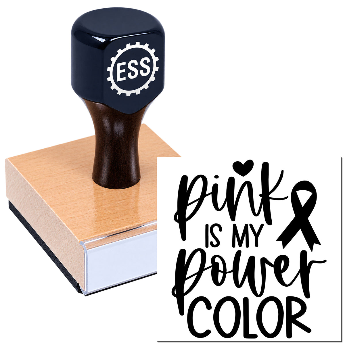 Dark blue ESSL custom stamp on pink wooden seal block with black "Pink is my power color" design.