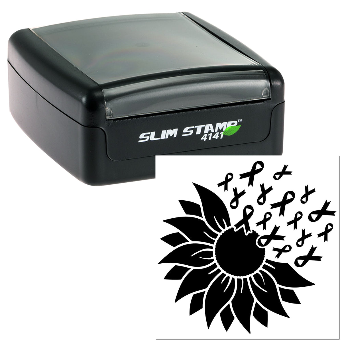 Black slim self-inking stamp with translucent gray lid and sunflower ribbon seal design on white background.