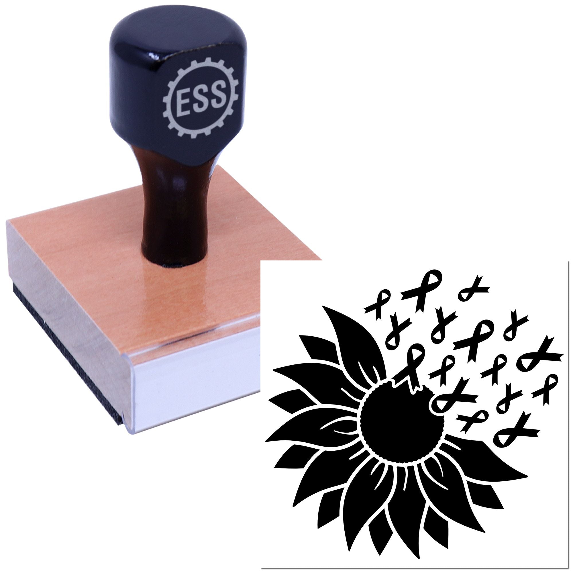 Black ESS custom stamp and seal on a wooden handle, with black sunflower and awareness ribbon design