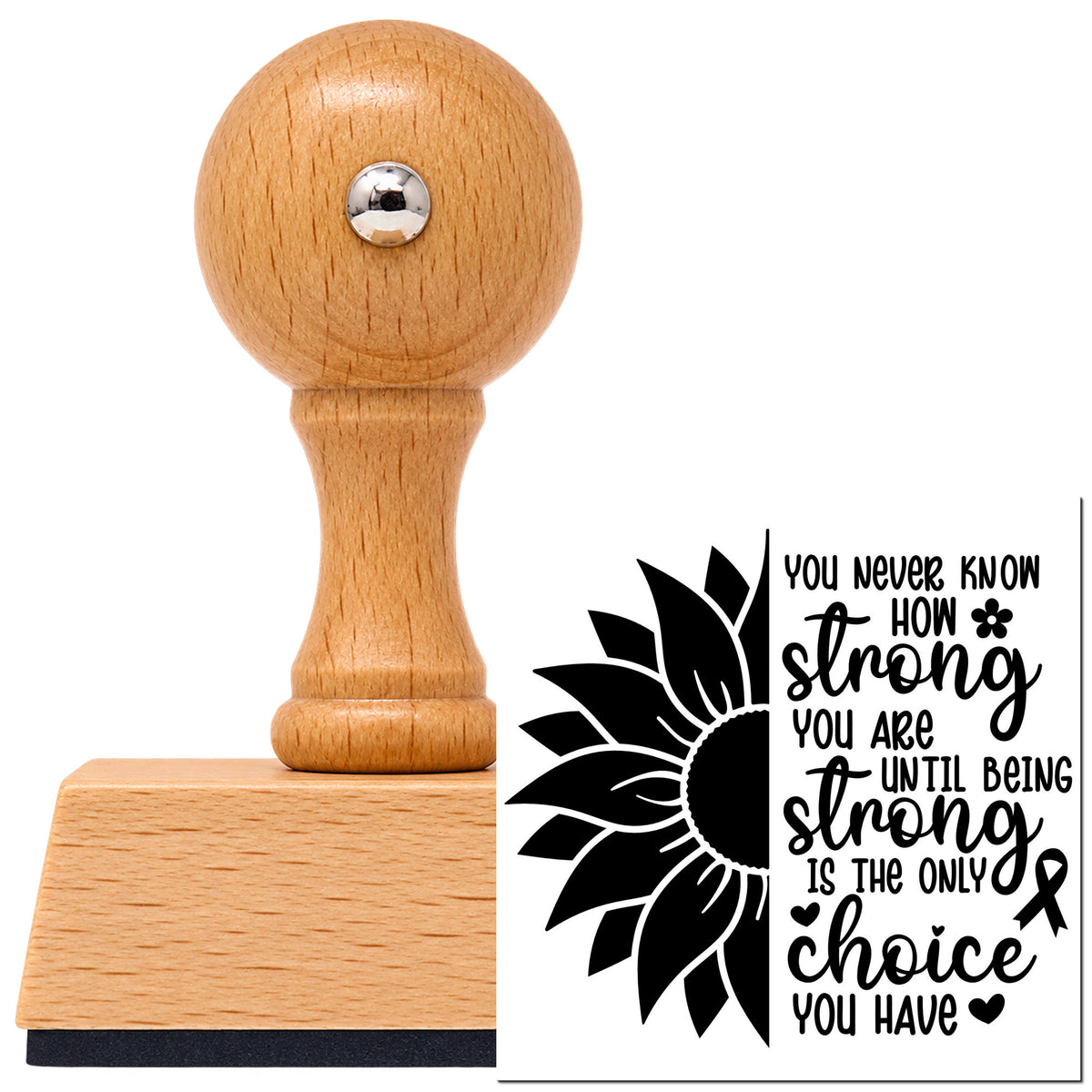 Vintage Pro beech wood stamp with a round knob handle, shown with its black Strong Is The Only Choice imprint on white.