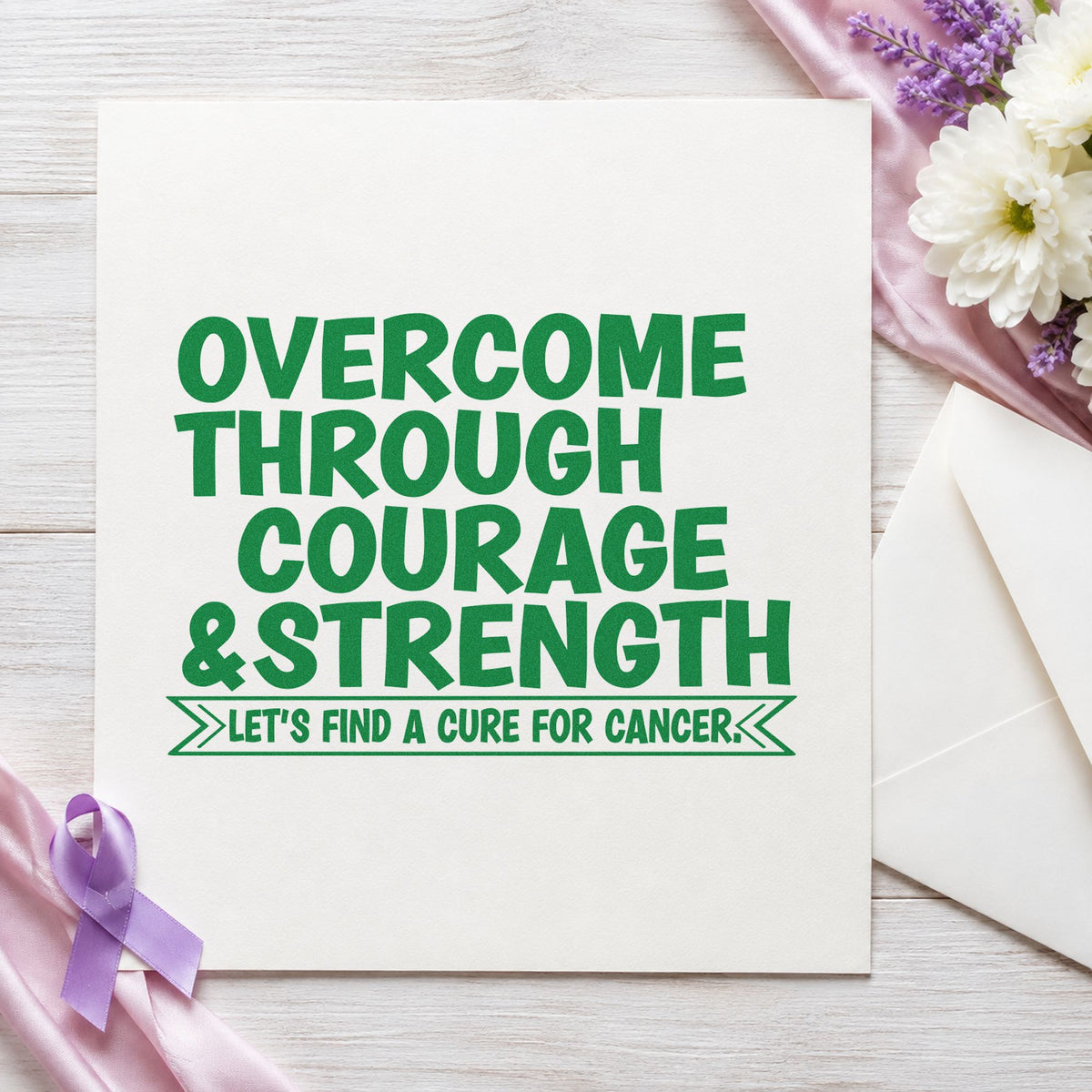 Overcome Through Courage craft stamp imprint in green ink on a handmade project, one idea being framed wall art.