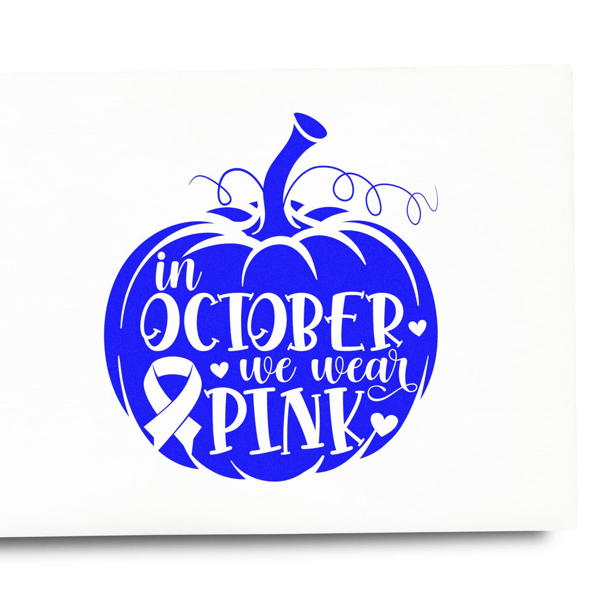 Blue pumpkin stamp with white In October We Wear Pink text, breast cancer ribbon, and hearts on white background.