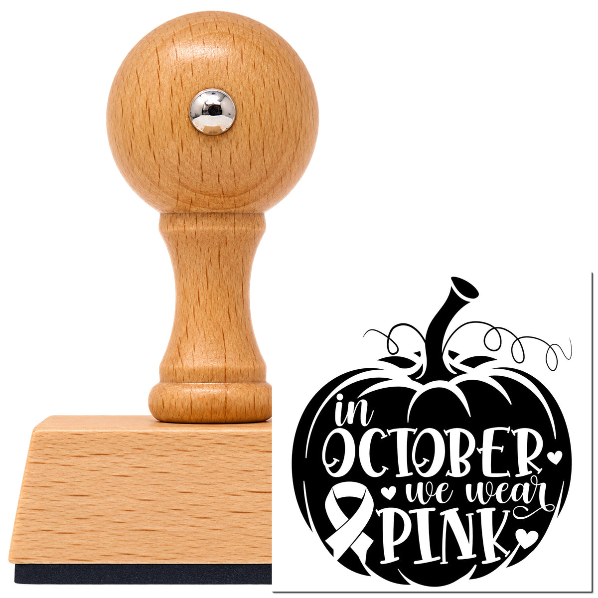 Vintage Pro beech wood stamp with a round knob handle, shown with its black October Pink Pumpkin imprint on white.