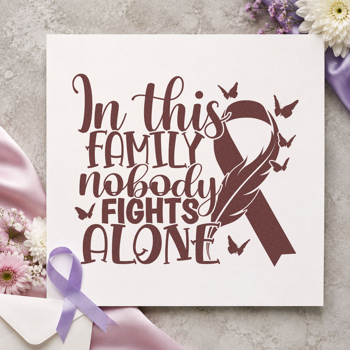 Family Fights Together craft stamp imprint in brown ink on a handmade project, one idea being reunion name tags.
