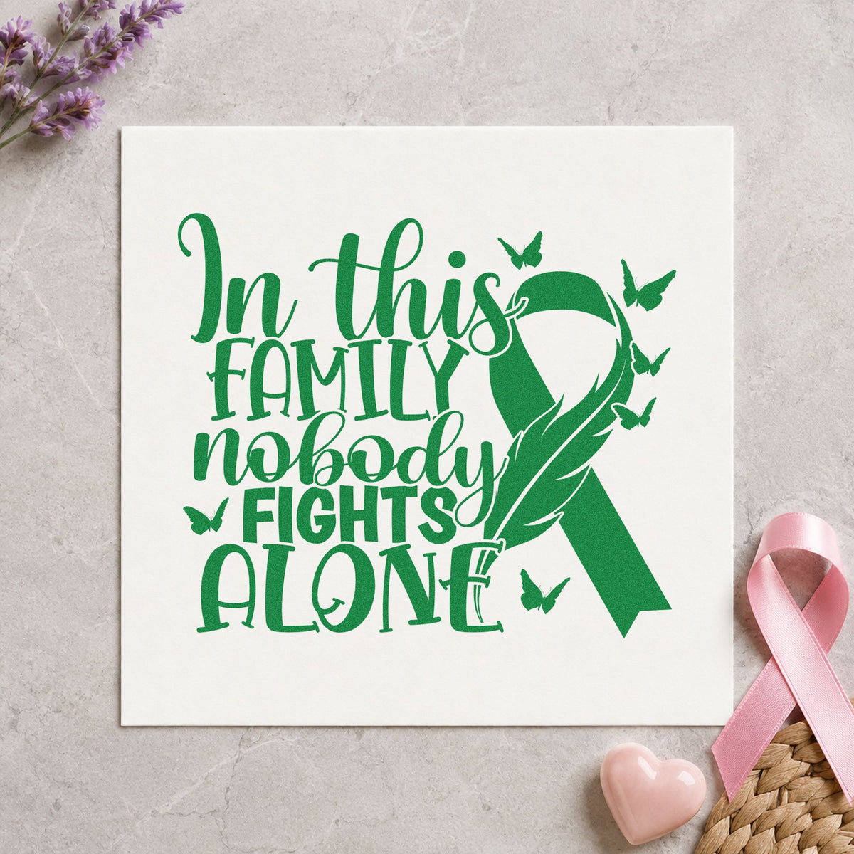 Family Fights Together craft stamp imprint in green ink on a handmade project, one idea being framed wall art.