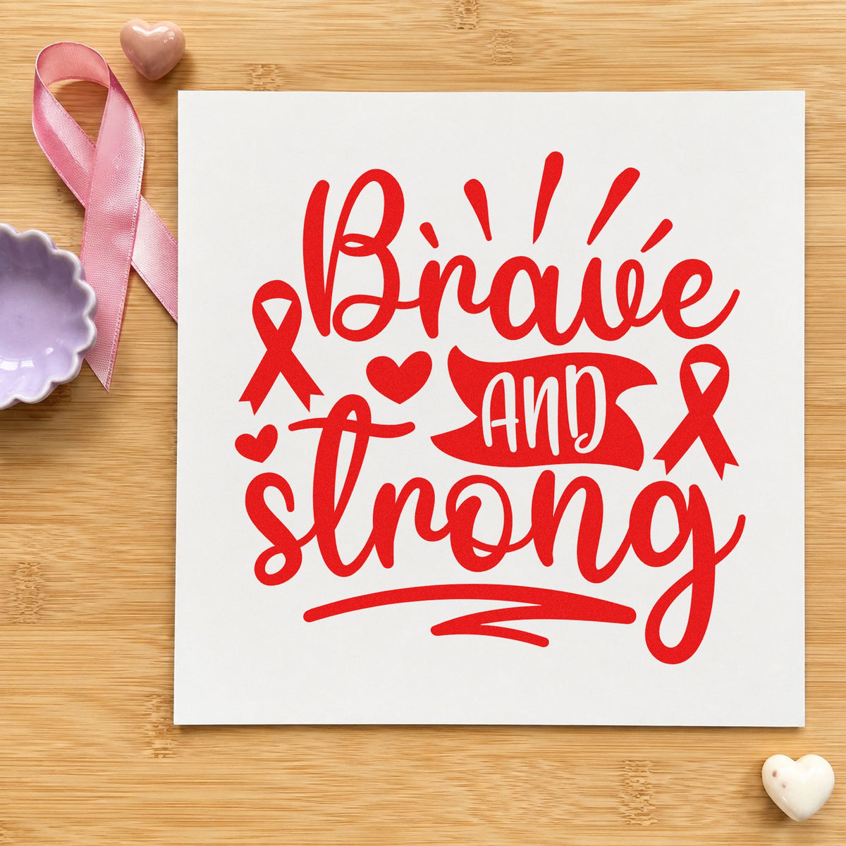 Brave and Strong Ribbons rubber stamp shown in red ink, stamped for projects such as scrapbook strength pages.