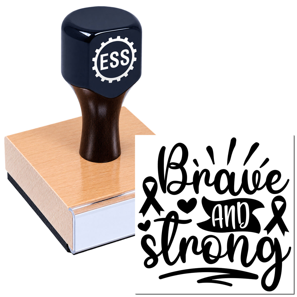 Dark navy ESS rubber stamp and wooden seal block with "Be brave and strong" design in black script and ribbon icons.