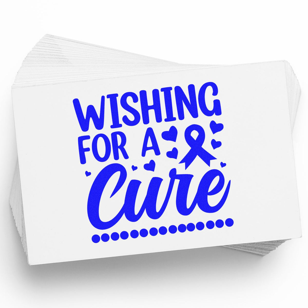 Stack of white stamp/seal cards with bright blue Wishing for a Cure text, ribbon, hearts, and dotted border.