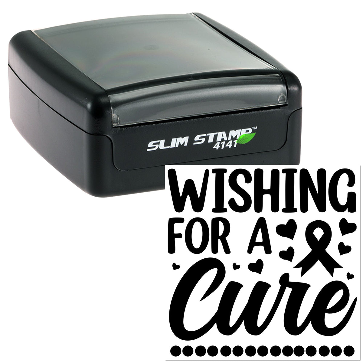 Black self-inking stamp and seal with Wishing for a Cure design, hearts, and ribbon on a white background.