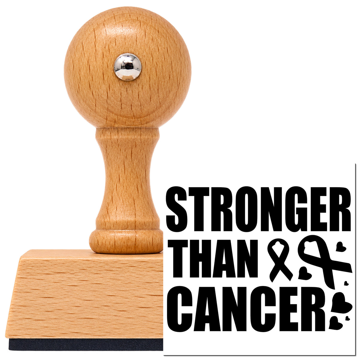 Vintage Pro beech wood stamp with a round knob handle, shown with its black Stronger Than Cancer imprint on white.