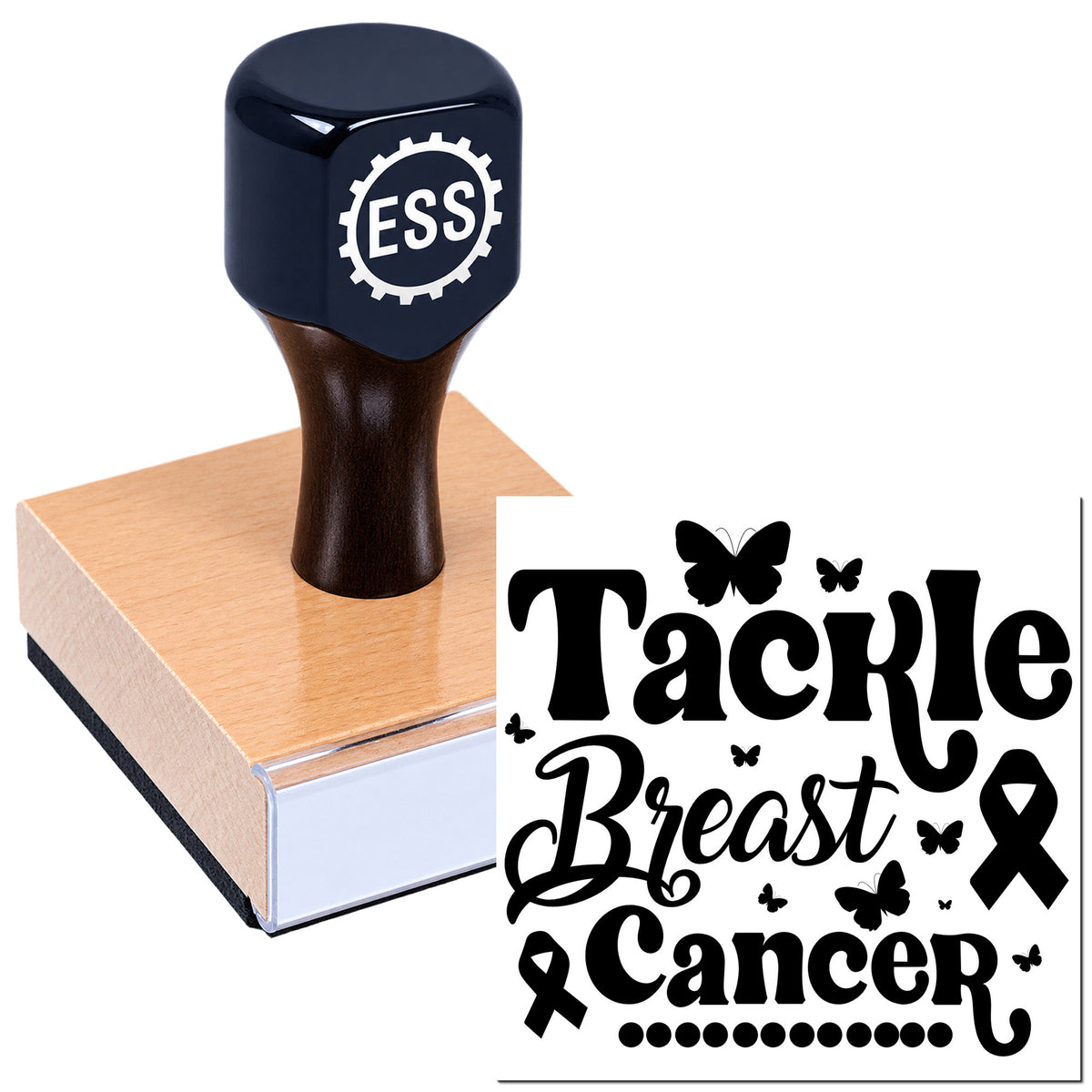 Dark blue custom stamp on pink wooden block with black "Tackle Breast Cancer" seal, butterflies, and pink ribbon.
