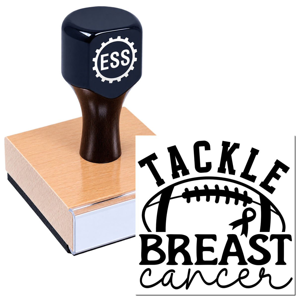 Navy blue stamp and seal product on a wooden block with Tackle Breast Cancer football-and-ribbon design