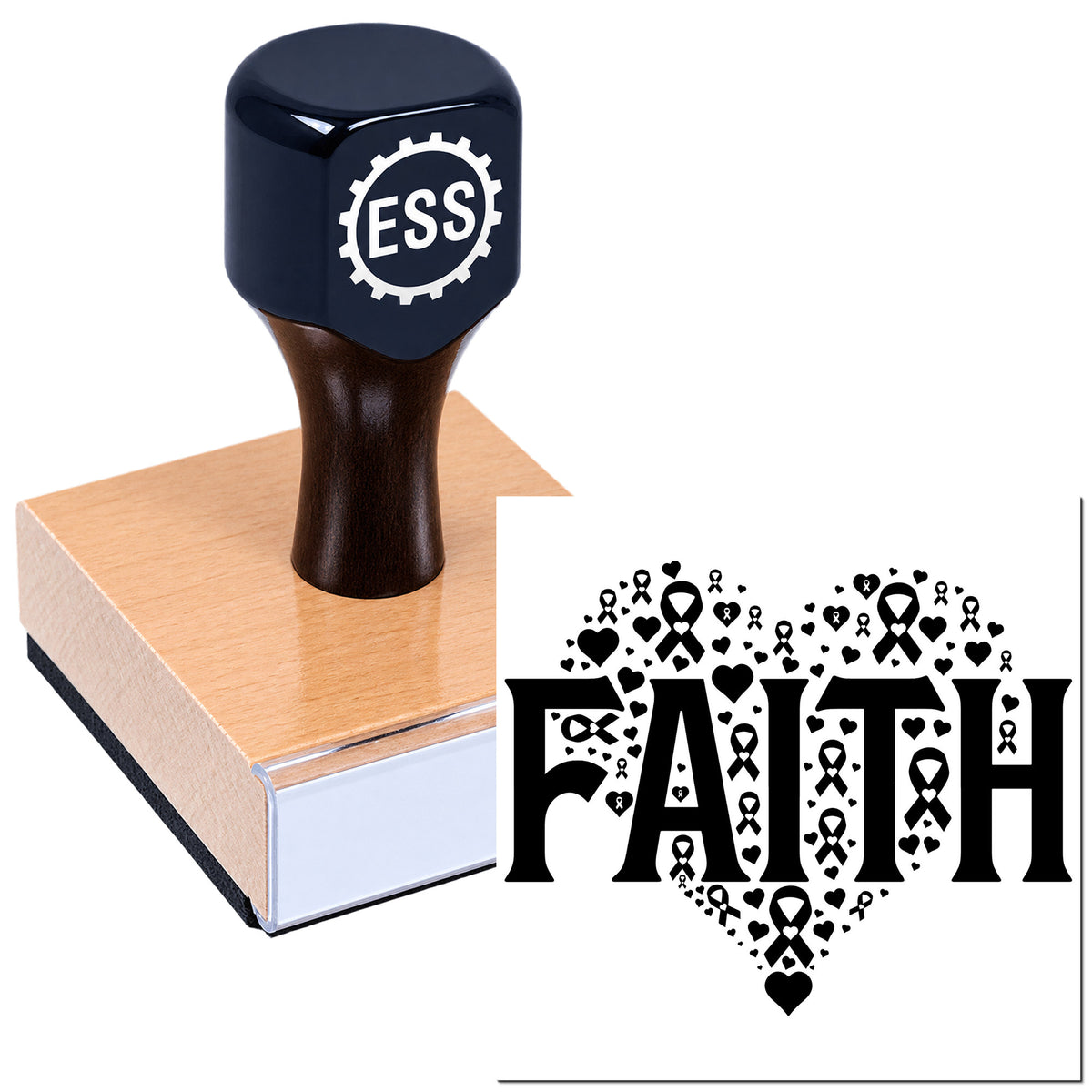 Black ESS rubber stamp on wood base with Faith text, heart and ribbon seal design.