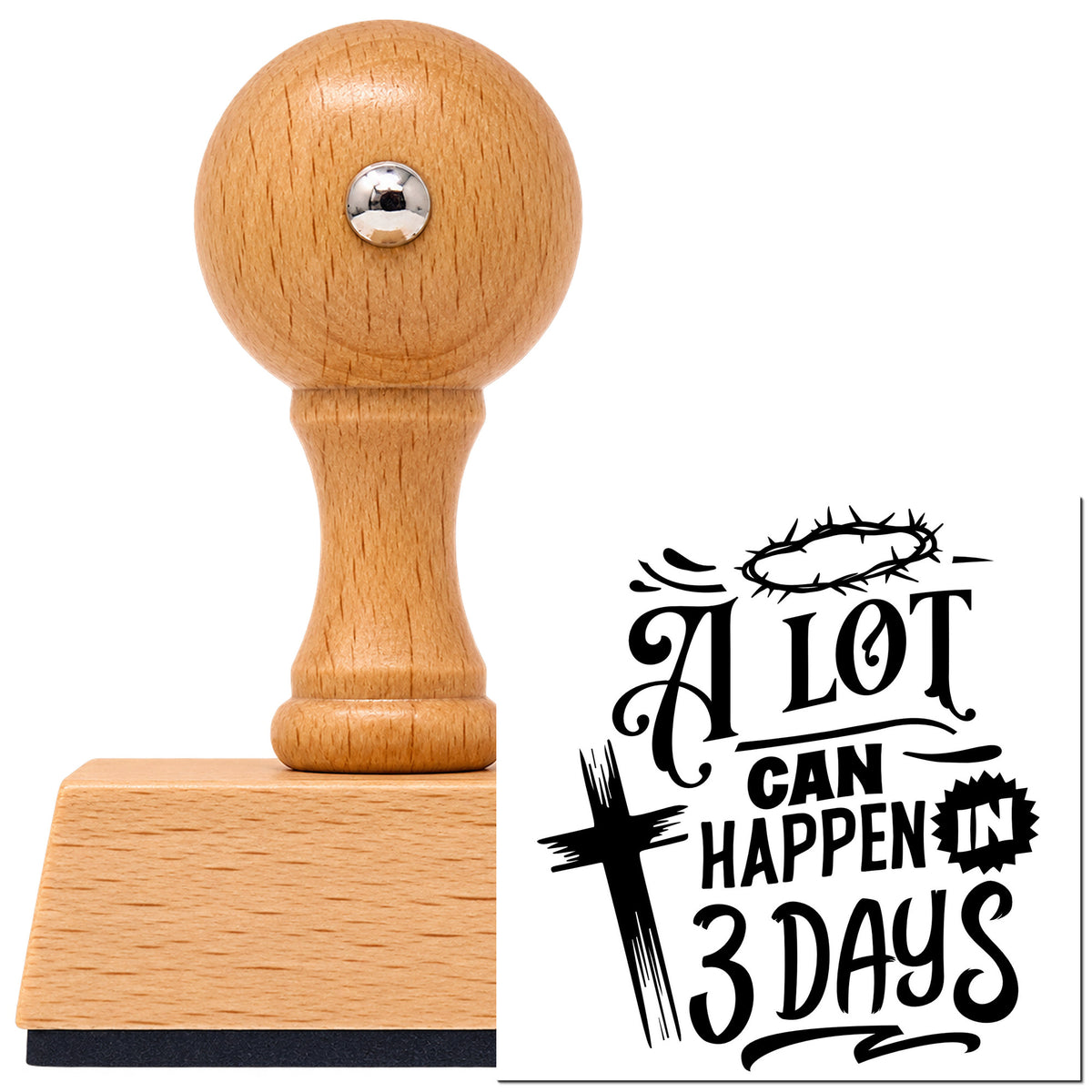 Vintage Pro beech wood stamp with a round knob handle, shown with its black A Lot Can Happen In Three Days imprint on white.