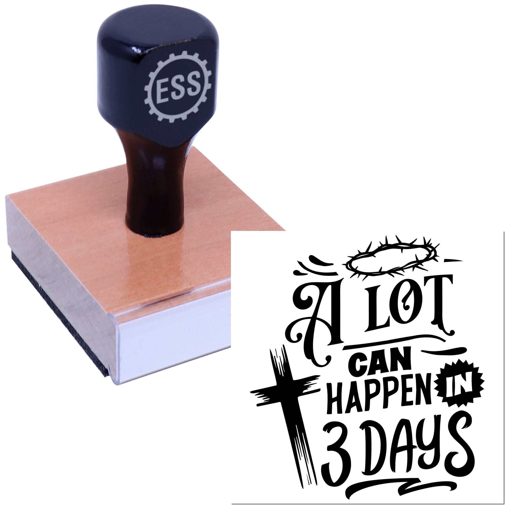 Navy ESS custom stamp on pink seal block with black religious seal design reading A LOT CAN HAPPEN IN 3 DAYS.