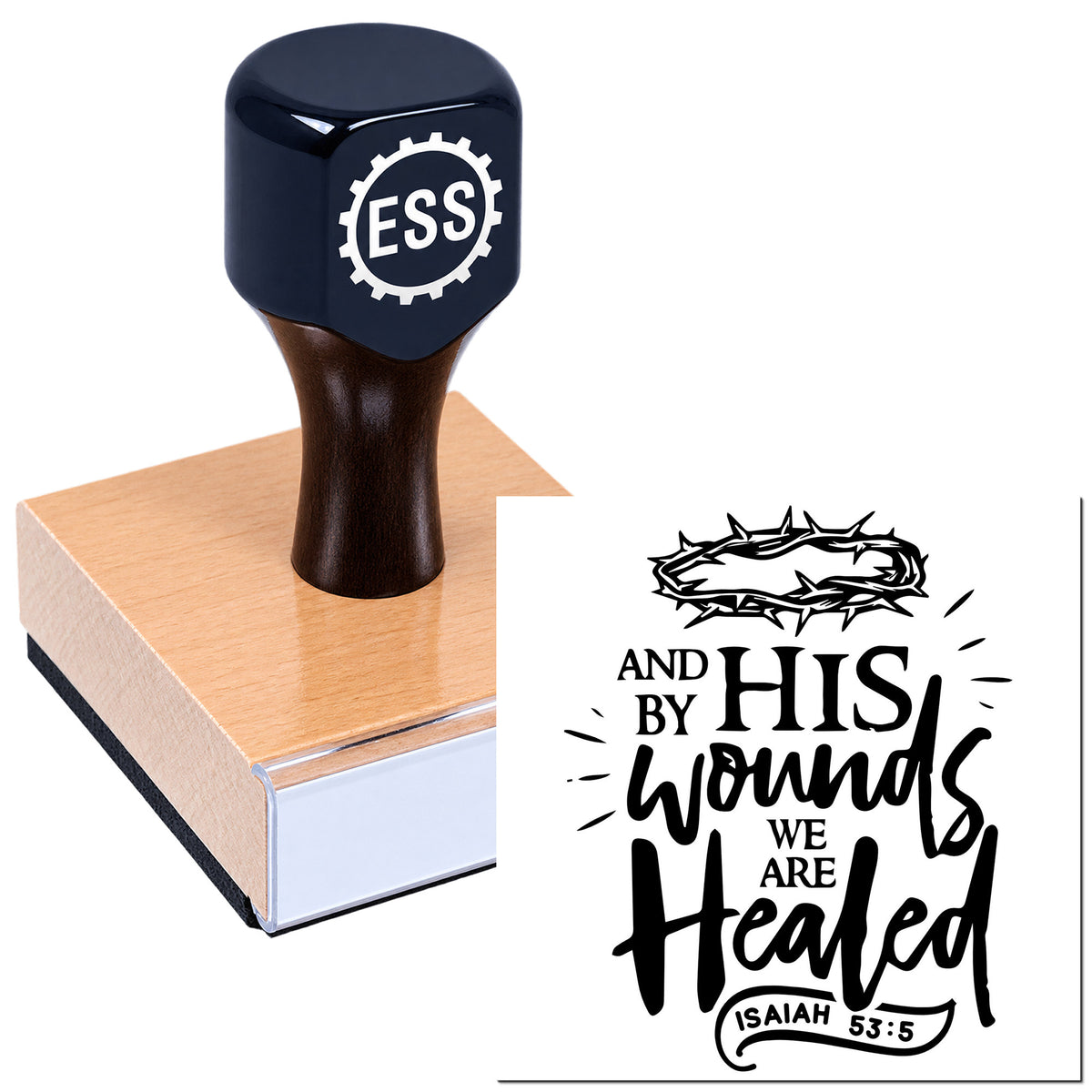 Black ESS rubber stamp on a wooden block beside a black Christian seal reading "By His wounds we are healed."