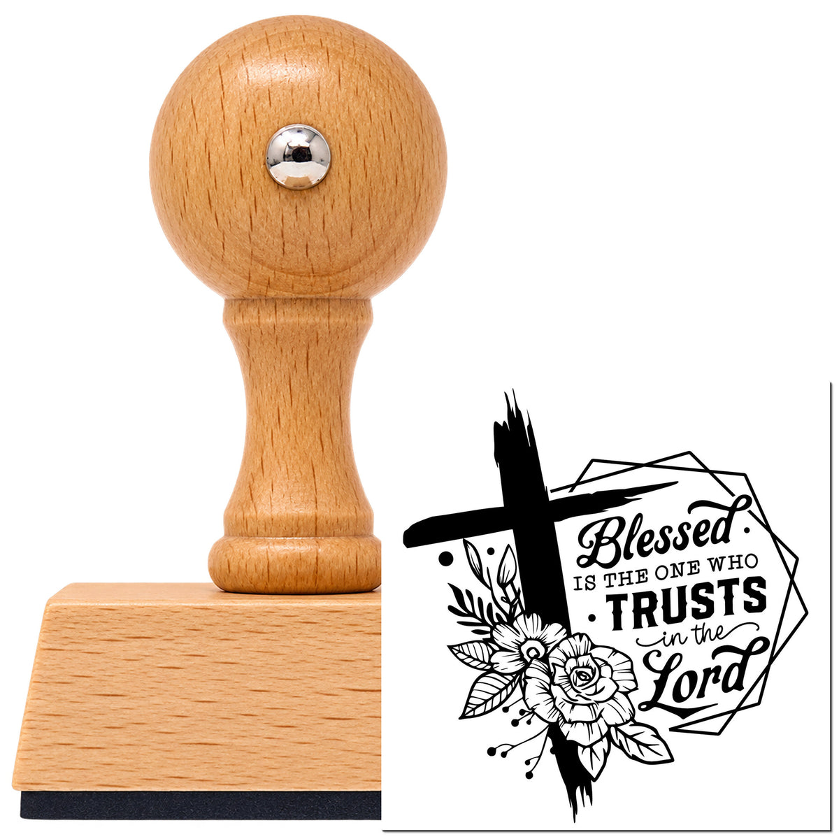 Vintage Pro beech wood stamp with a round knob handle, shown with its black Blessed Is The One Who Trusts In The Lord imprint on white.