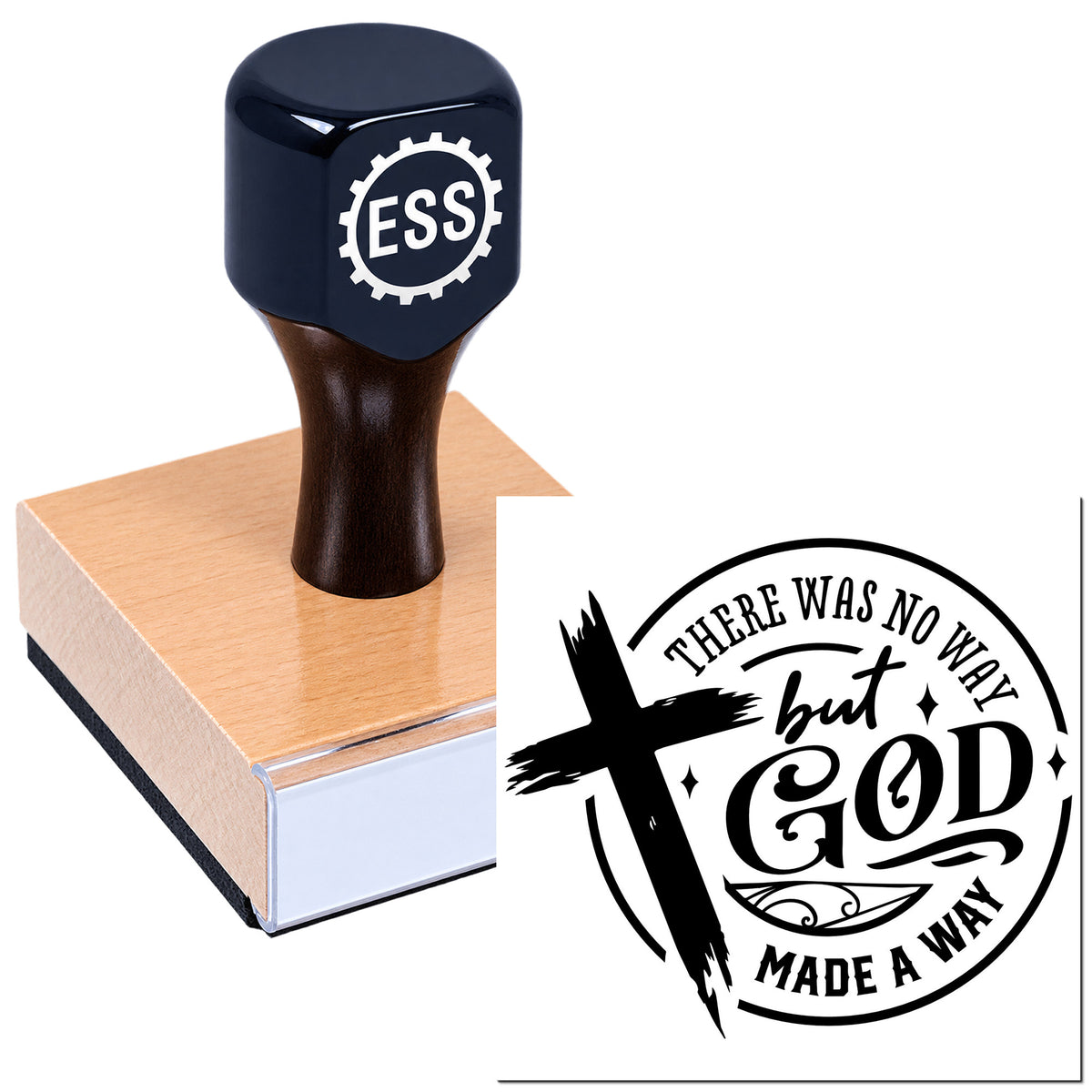 Black custom stamp and seal on a wooden block, showing an ESS logo and a circular faith-based design.
