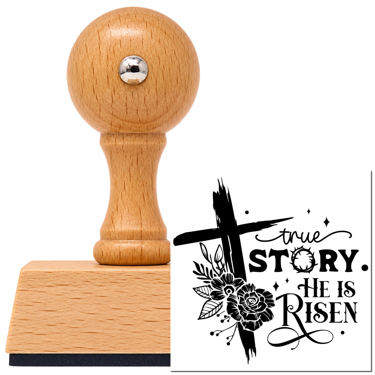 Vintage Pro beech wood stamp with a round knob handle, shown with its black True Story, He Is Risen imprint on white.