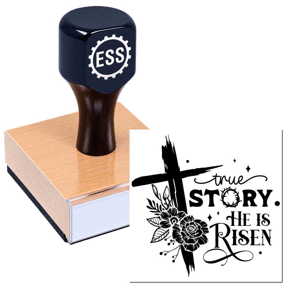 Dark navy custom rubber stamp on pink mounting block, showing a "True Story He Is Risen" floral seal design.