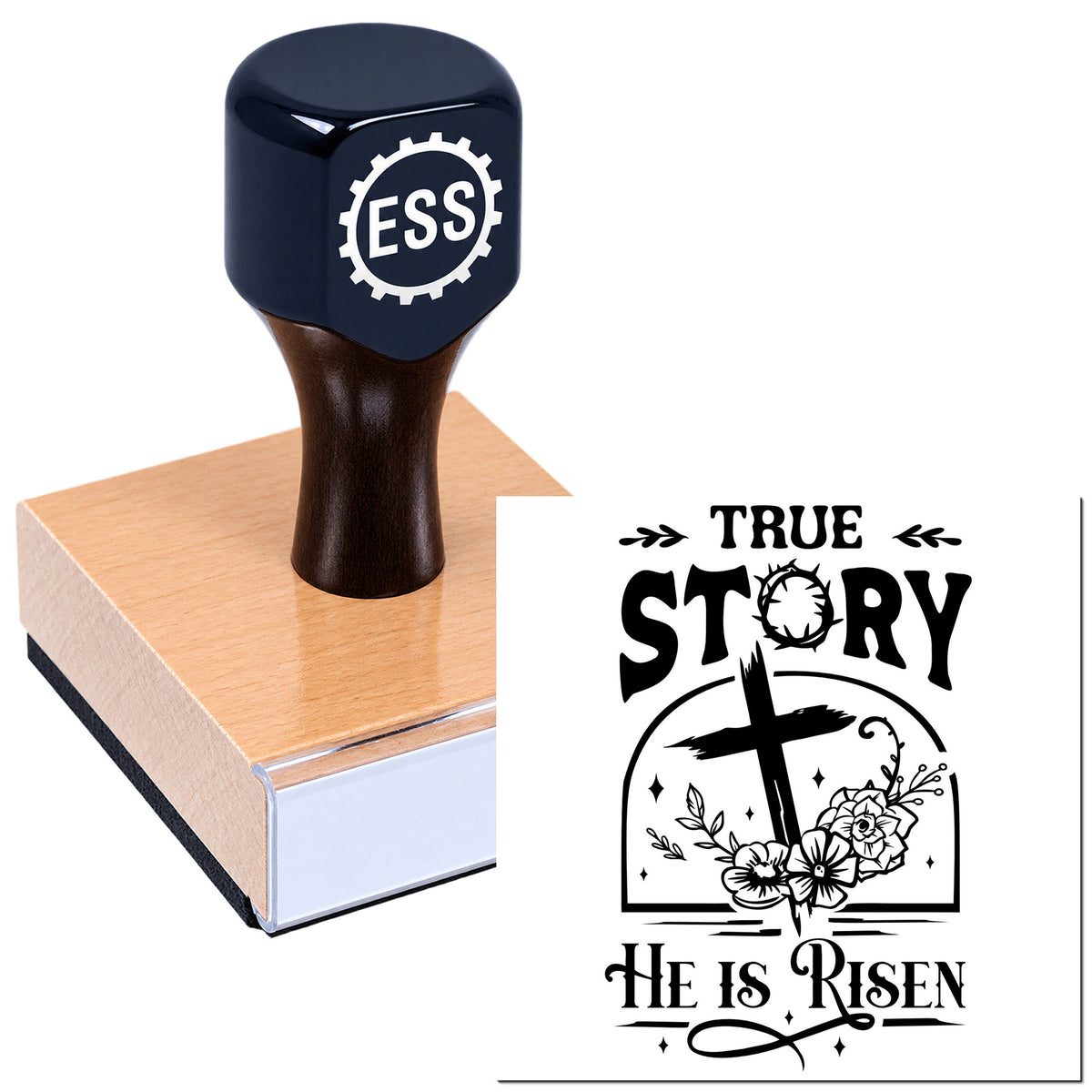 Dark blue ESS rubber stamp and seal on a wood block beside a black "True Story He Is Risen" Christian design.