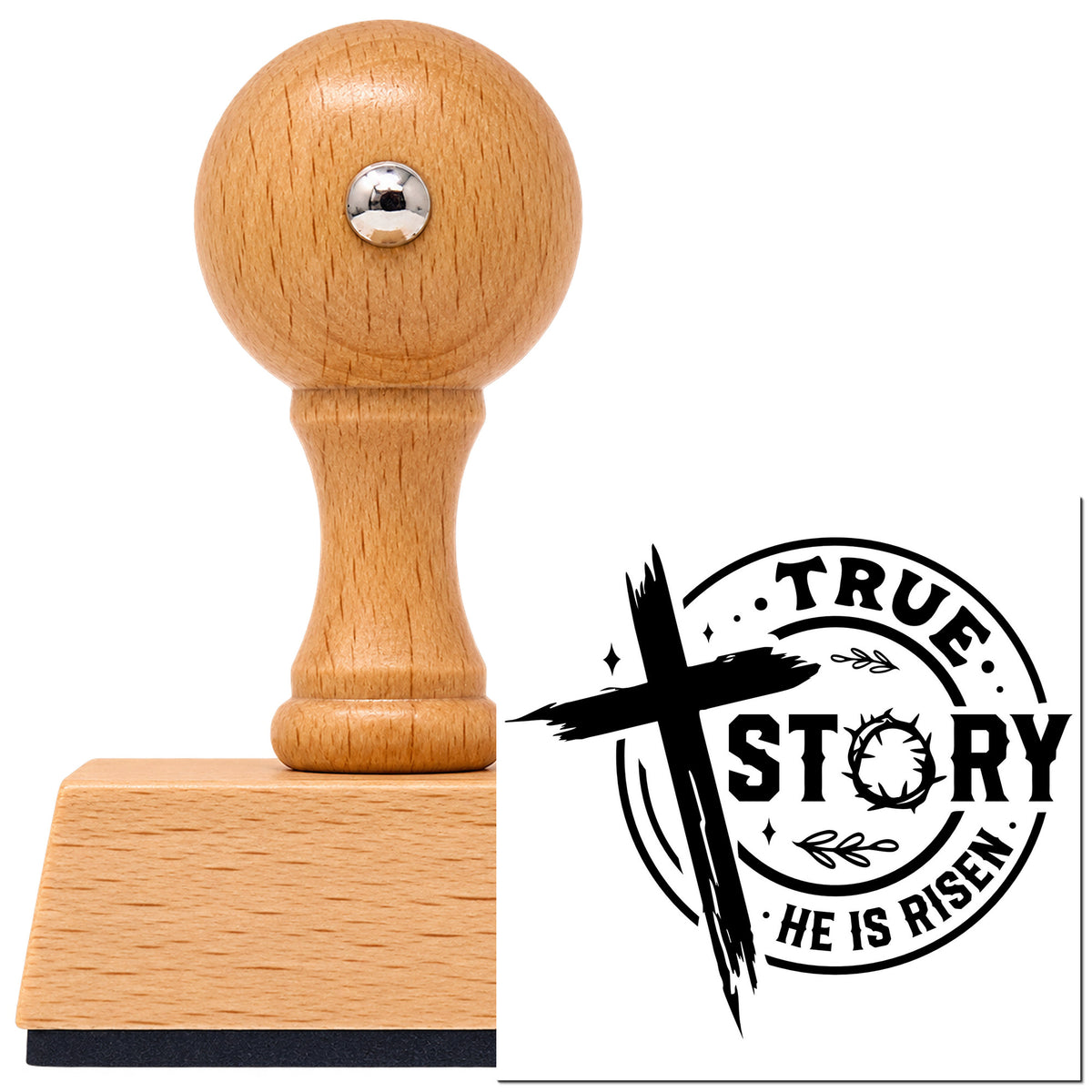 Vintage Pro beech wood stamp with a round knob handle, shown with its black True Story Risen Badge imprint on white.