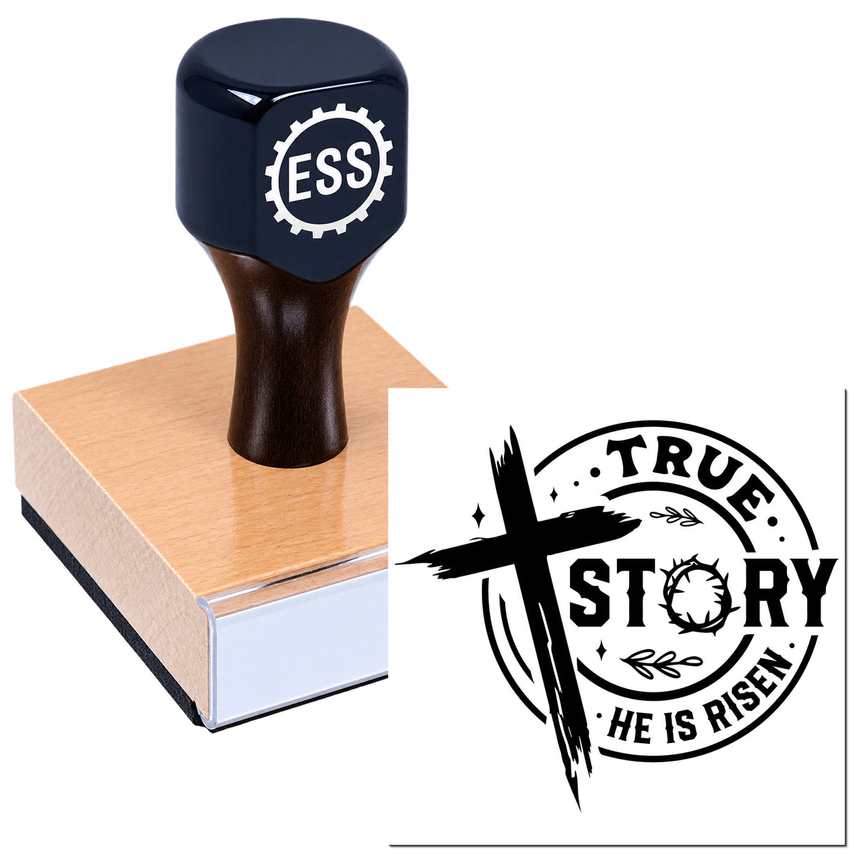 Dark blue stamp and seal set with wooden block and black "TRUE STORY. HE IS RISEN." imprint design.