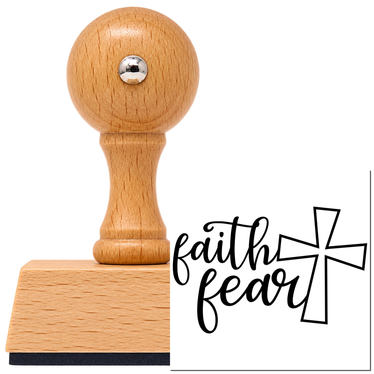 Vintage Pro beech wood stamp with a round knob handle, shown with its black Faith Over Fear Cross Outline Detail imprint on white.