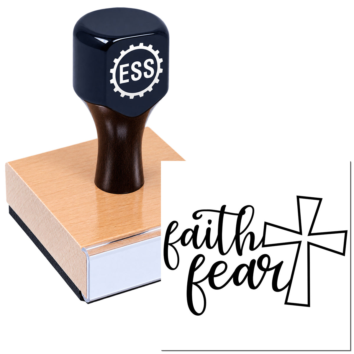 Dark blue custom rubber stamp and seal on a wood block, with an ESS gear logo and black faith bear script beside a cross.