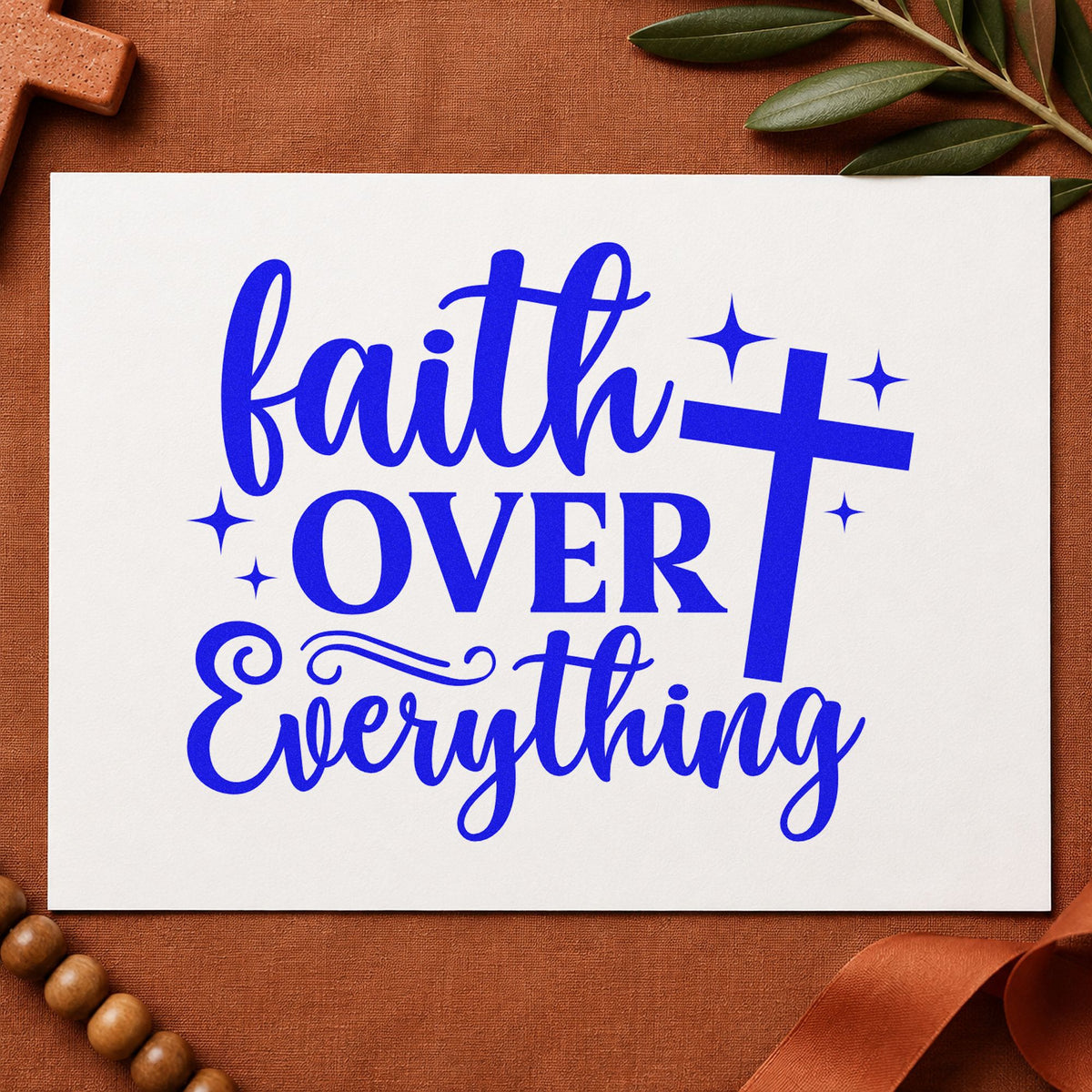 Faith over Everything craft stamp imprinted in blue ink on paper, a design suited to locker signs.