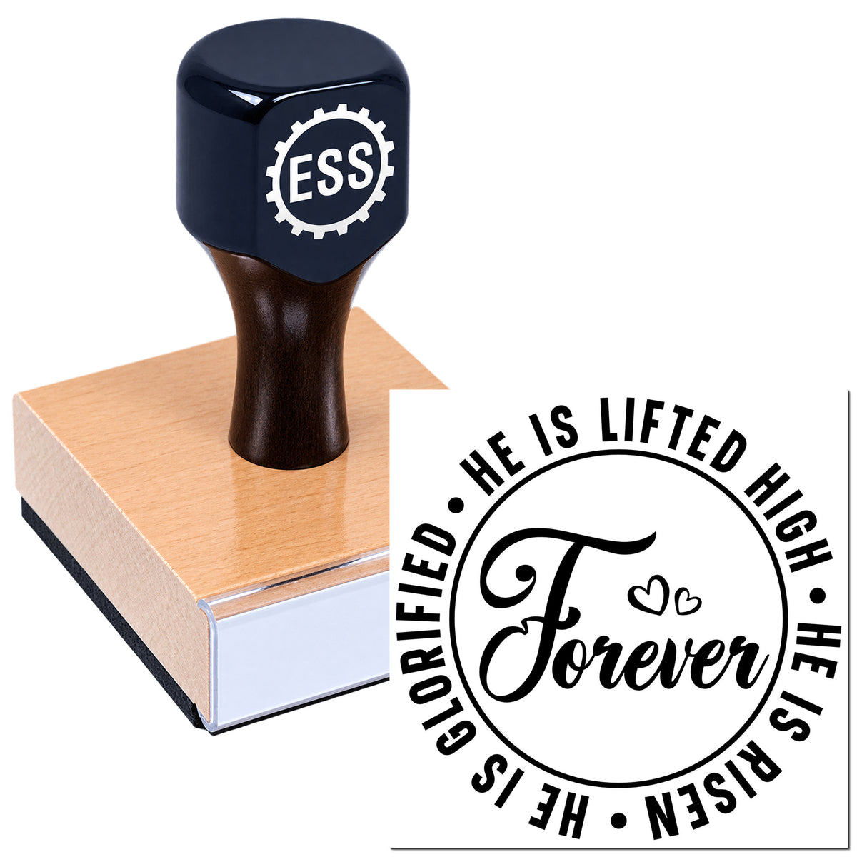 Black self-inking stamp with ESS logo on a wooden base, beside a circular black "Forever" seal design.