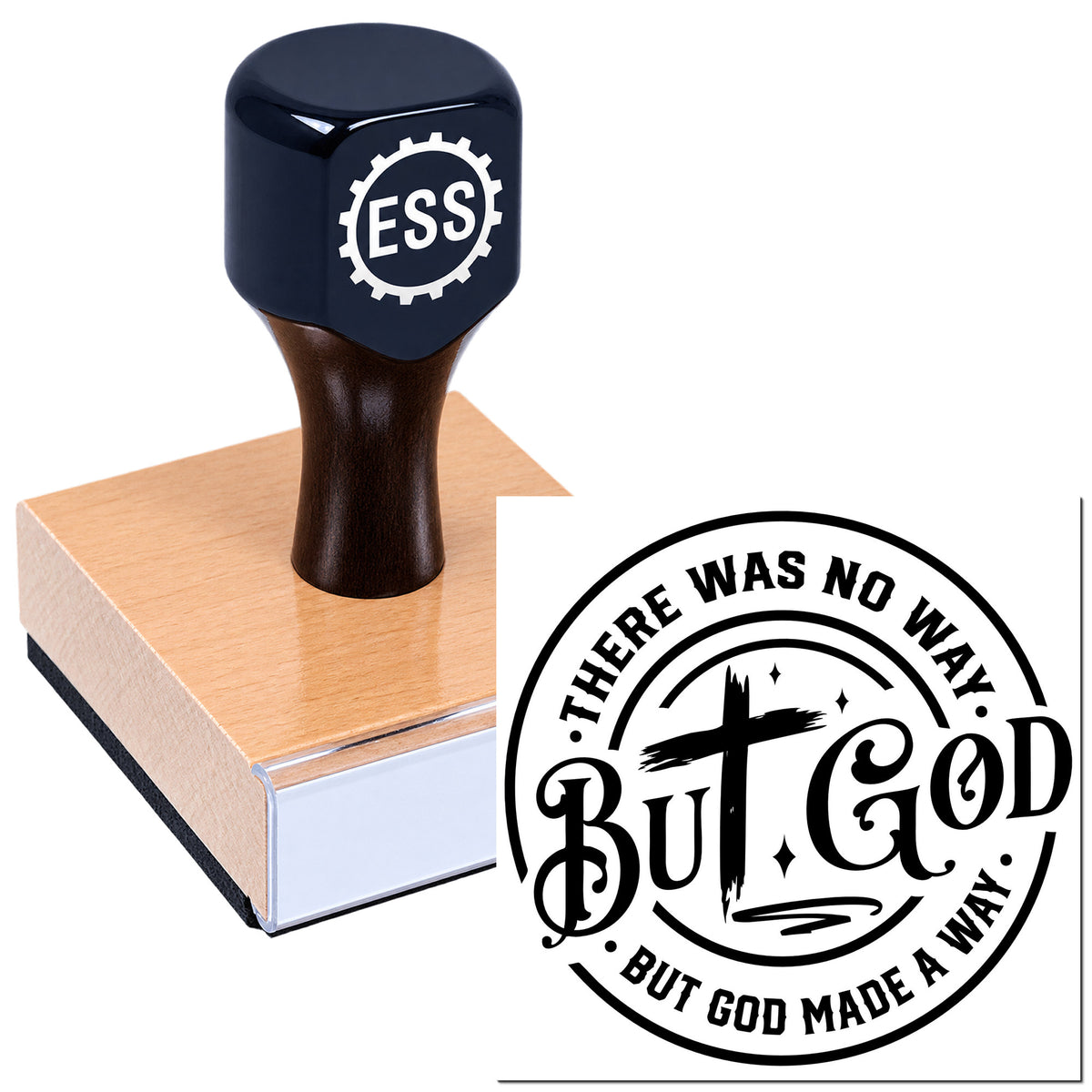 Black ESS stamp and seal product on pink block, with circular "There Was No Way But God Made a Way" design.