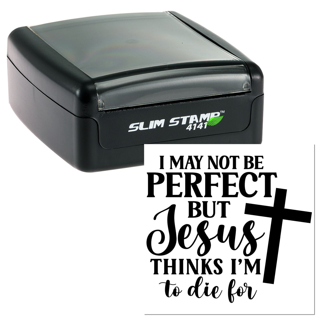 Black Slim Stamp 4141 self-inking stamp and seal with white Christian quote and cross design on white background.