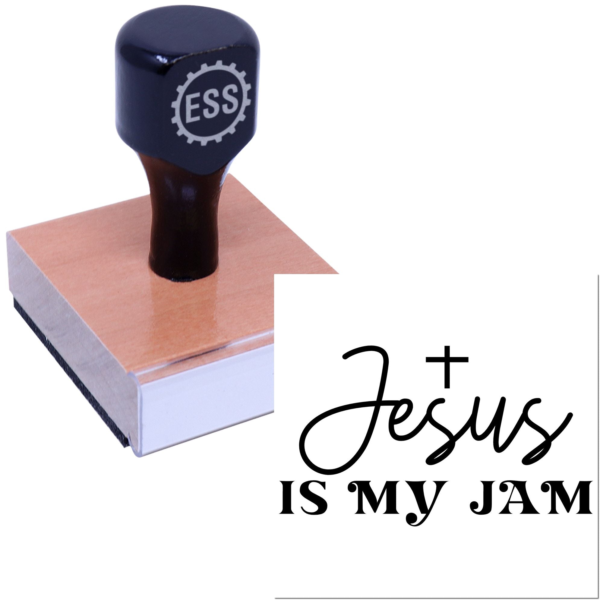 Black ESS stamp and seal on a pink block, with Jesus is my JAM in black script and serif text.