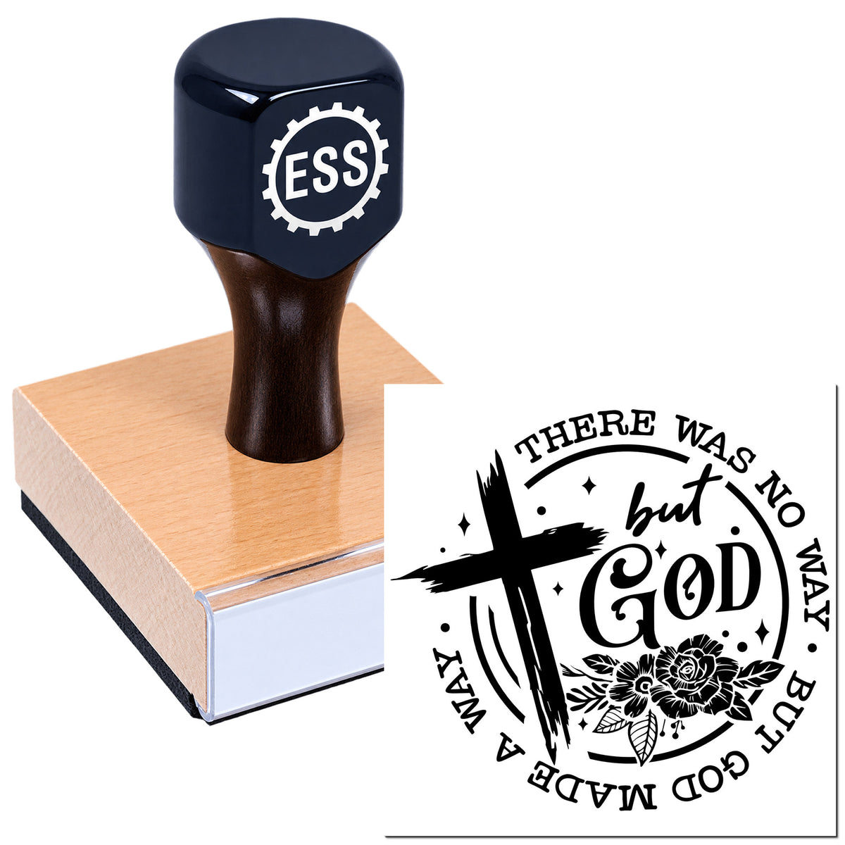 Black ESS stamp with wooden base and Christian seal design, featuring a cross, "God" text, and floral details.