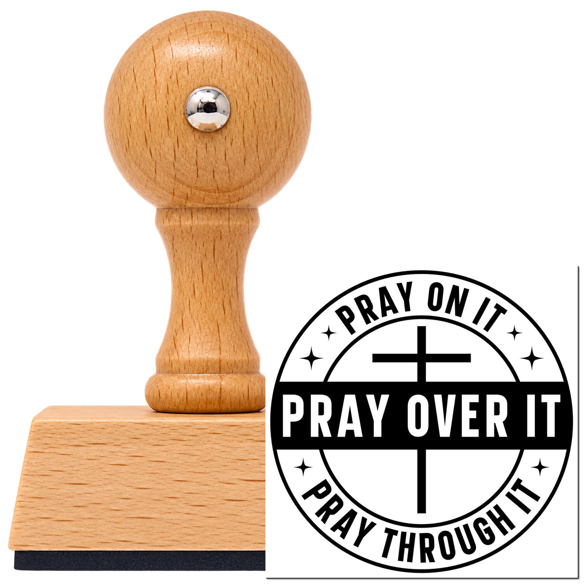 Vintage Pro beech wood stamp with a round knob handle, shown with its black Pray On It Badge imprint on white.