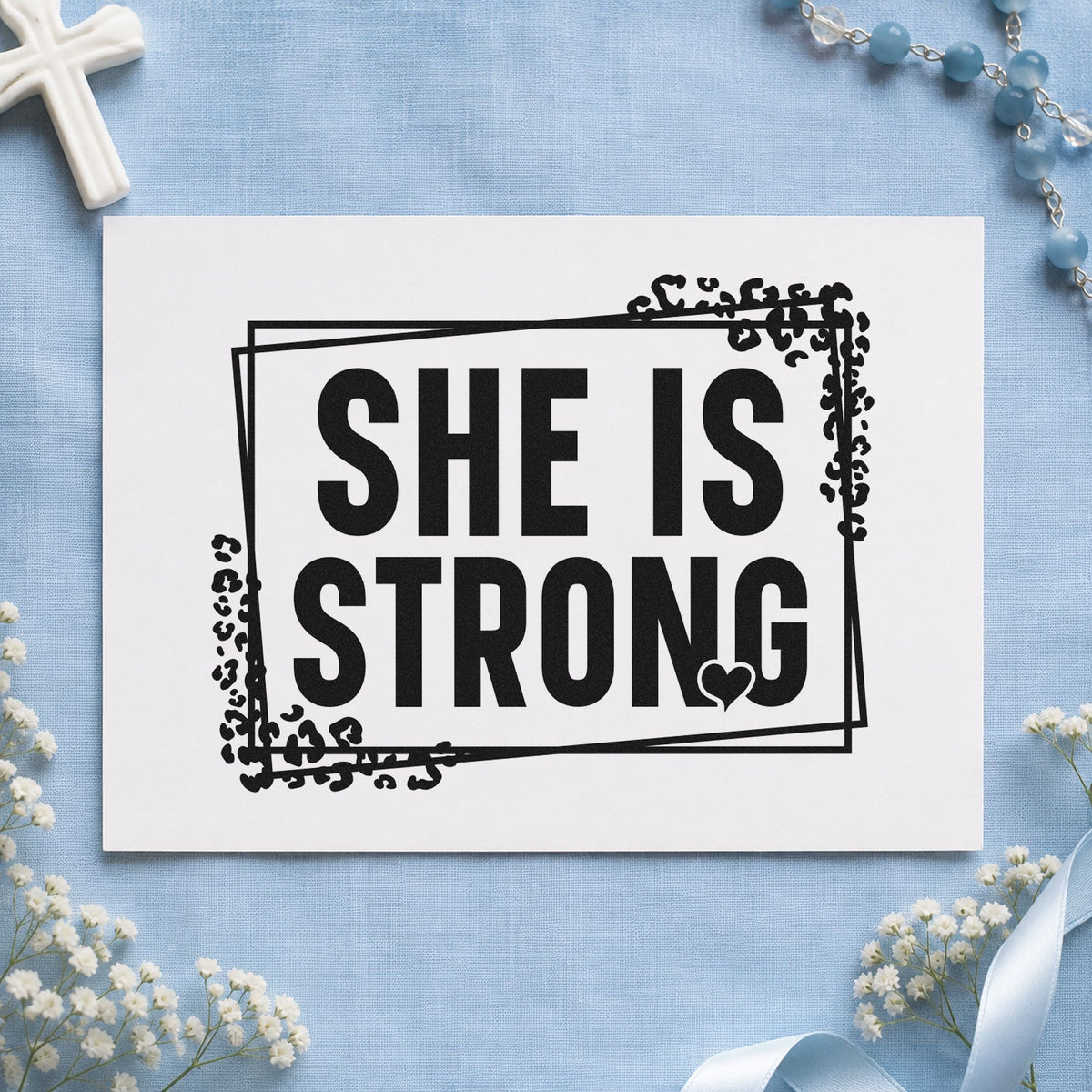 She Is Strong rubber stamp printed in black ink, ready for she is strong cards and similar paper crafts.