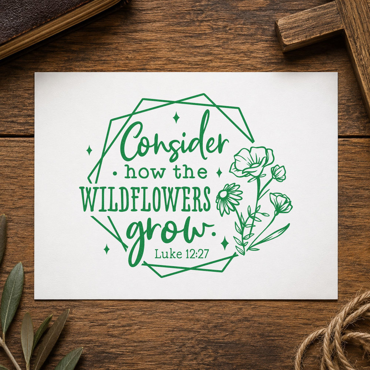 Wildflowers Geometric Frame craft stamp imprint in green ink on a handmade project, one idea being wildflower seed favors.
