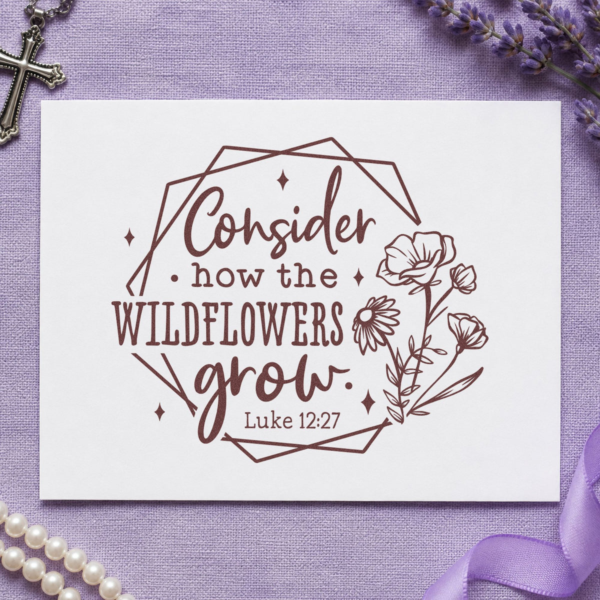 Wildflowers Geometric Frame rubber stamp printed in brown ink, ready for scrapbook meadow pages and similar paper crafts.